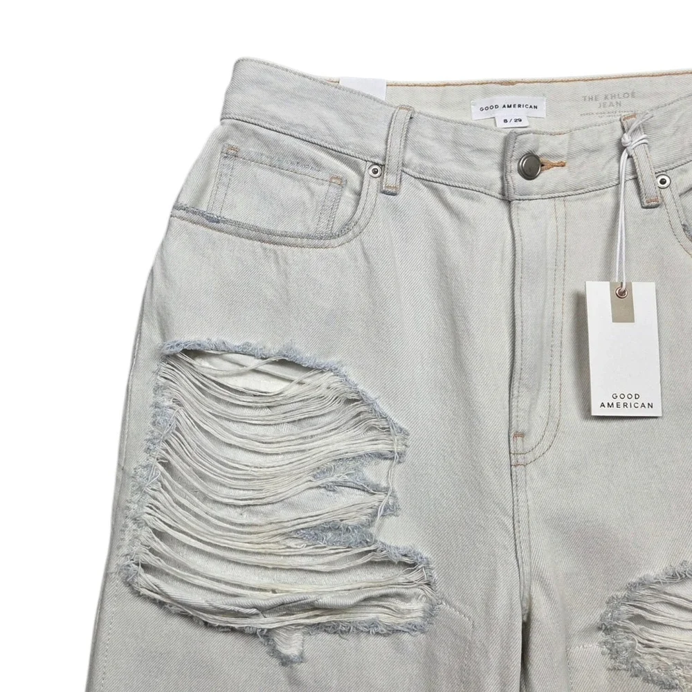 Good American Khloe Jeans Womens 8 Super High Rise Straight Distressed Ripped
